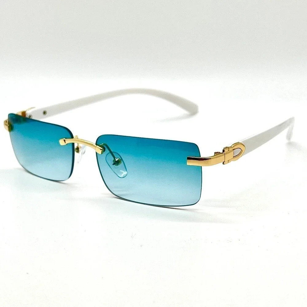 Rimless Sunglasses Green Lens Gold Accents White Arms Men's Fashion‎ Small Gafas